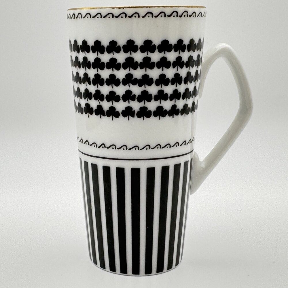 Neiman-Marcus Black Clover Stripe Porcelain Coffee Mug Japan 4 Inch Tall